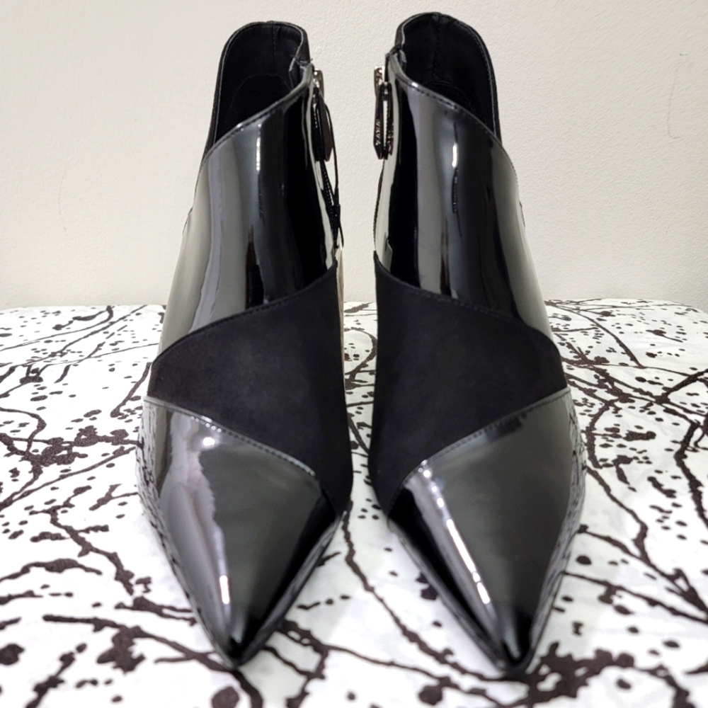 ZARA Trafaluc Black Patent & Suede Bias-Cut Bootie.